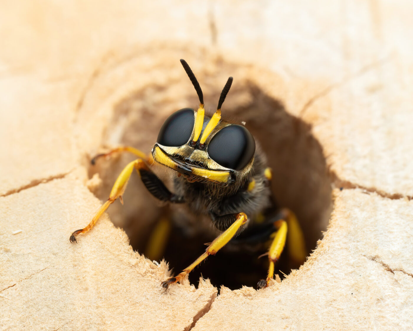 This is male Ectemnius Wasp emerging in the morning sun. The way the jaws are aligned on this wasp creates a lovely grin, which suited his tenacious character whilst trying to find a mate.